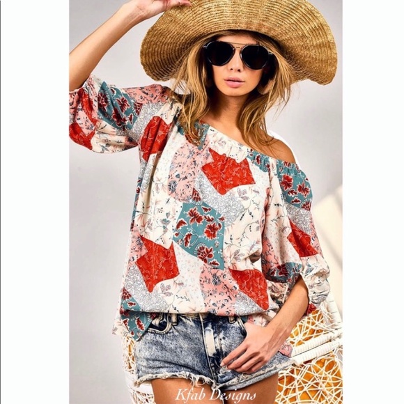 New!Clearance 🔥Boho Floral Patchwork Woven Off Shoulder Ballon Sleeve Soft Top - Picture 3 of 16